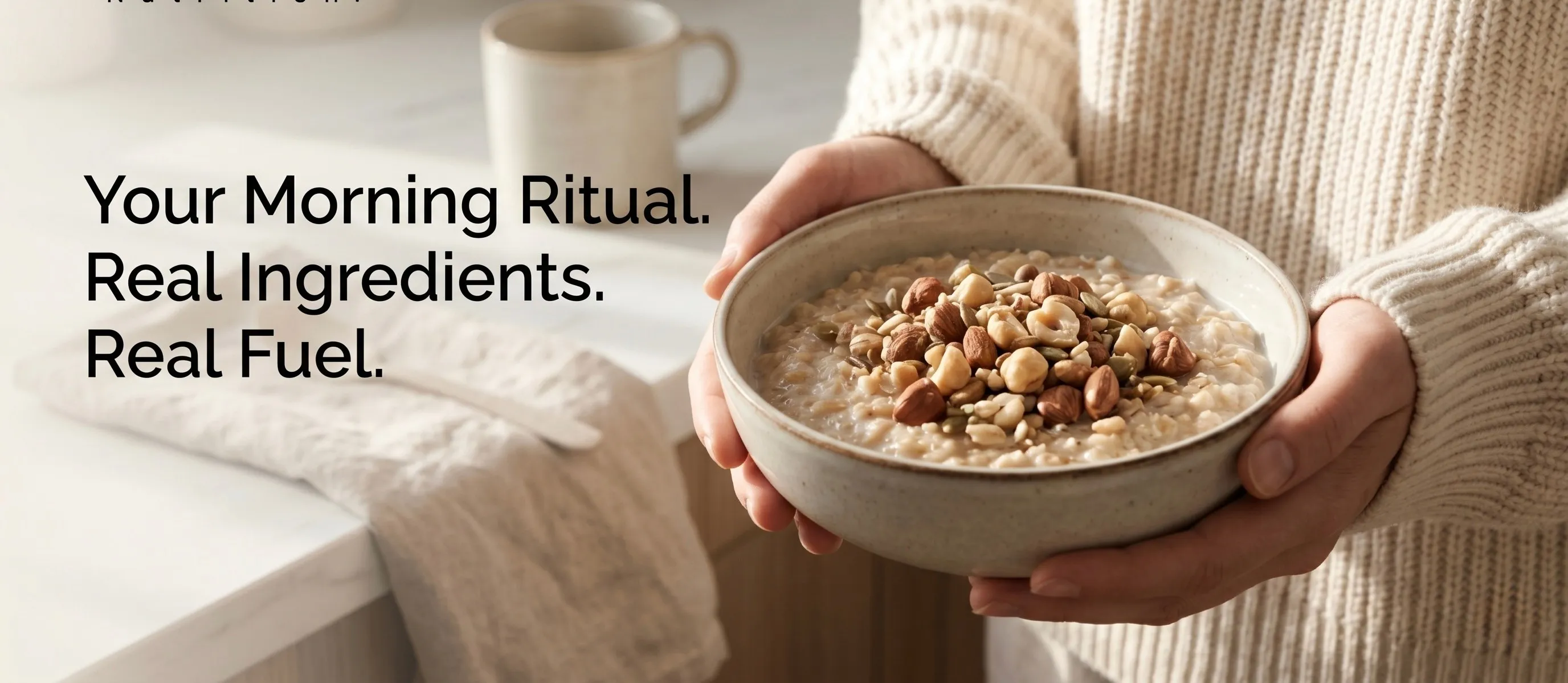 Hands holding a warm bowl of Stable Nutrition porridge in a bright kitchen — “Your Morning Ritual. Real Ingredients. Real Fuel.”