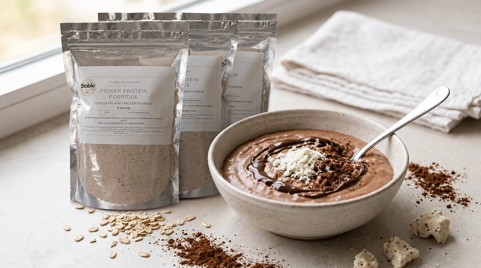 Three Stable Nutrition Power Protein Porridge pouches beside a chocolate porridge bowl with a dark chocolate swirl, oats and cocoa on the counter.