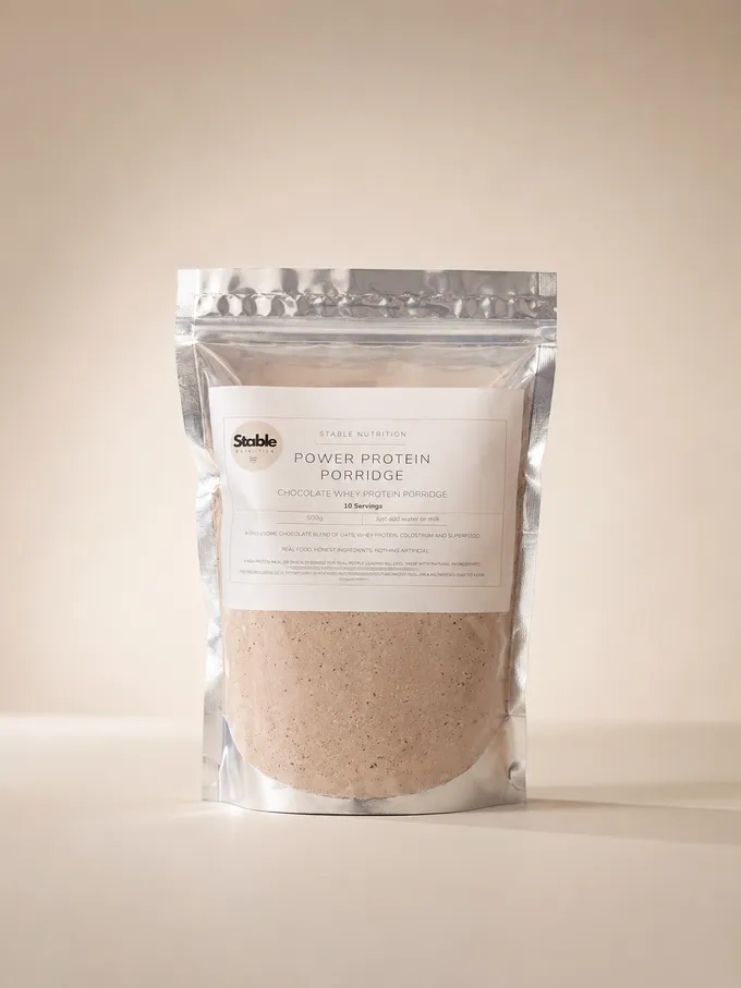 Stable Nutrition Power Protein Porridge — Chocolate Whey Blend, 500g resealable pouch.