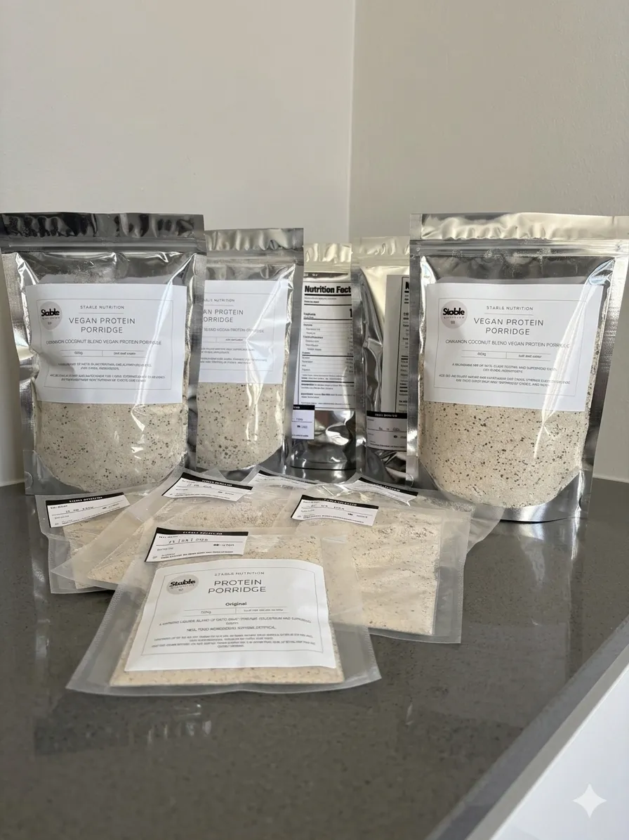 The Stable Nutrition range — Vegan Protein Porridge pouches and sample sachets, blended and sealed by hand.