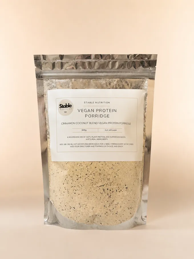 Stable Nutrition Vegan Protein Porridge — Cinnamon Coconut Blend, 600g resealable pouch.