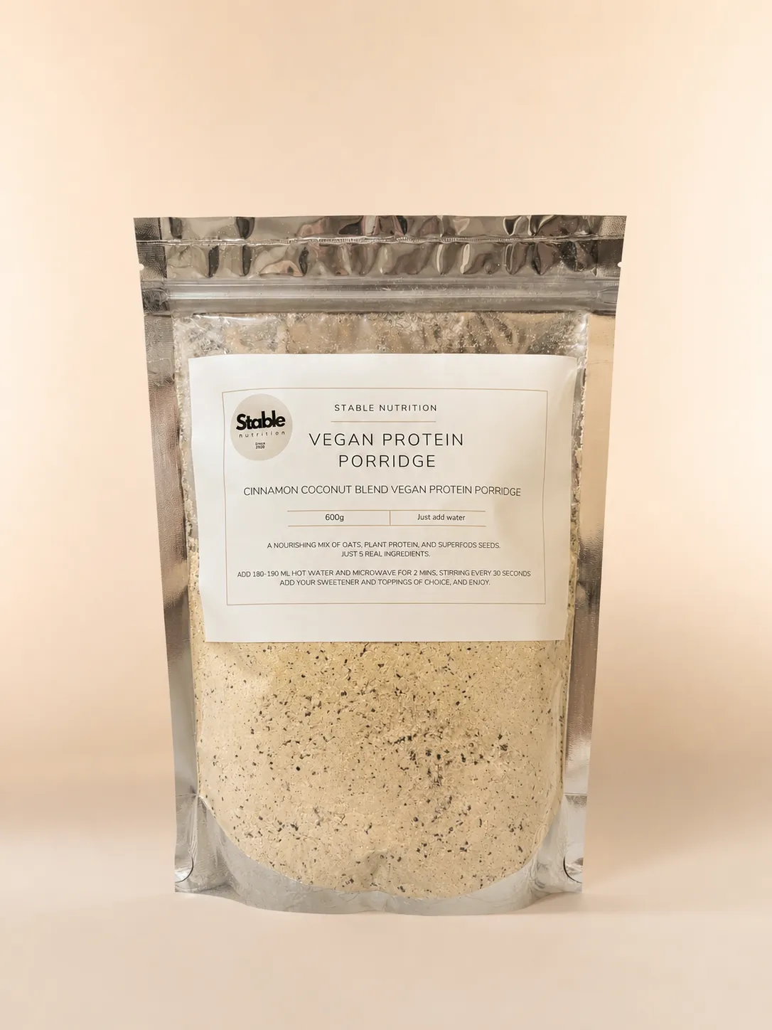 Stable Nutrition Vegan Protein Porridge — Cinnamon Coconut Blend, 600g resealable pouch.